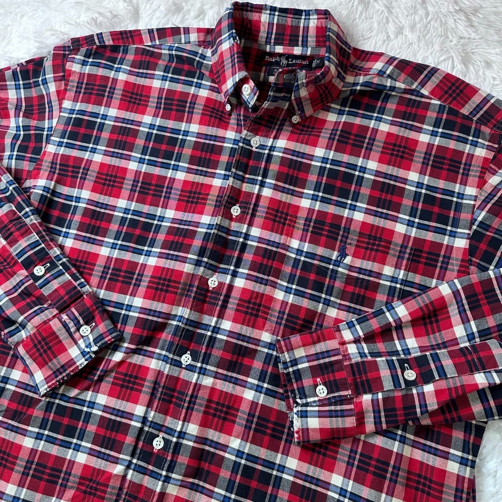Vintage Ralph Lauren Big Shirt Mens M Distressed Plaid Button Down Cotton Y2K